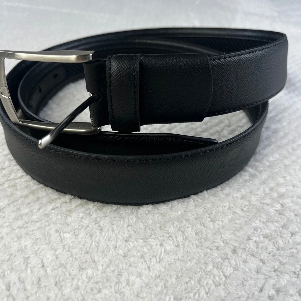 Nordstrom Mens Shop Black Saffiano Leather Belt Silver Buckle 40 NO133602MN